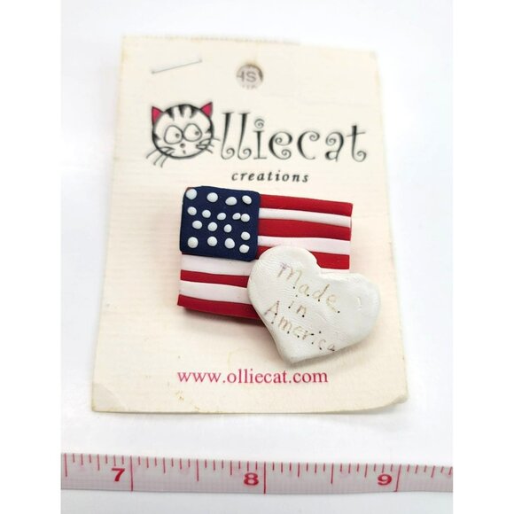 Flag & Heart Brooch Pin Olliecat Patriotic Handcrafted Clay Made in USA LI48 - Picture 1 of 4